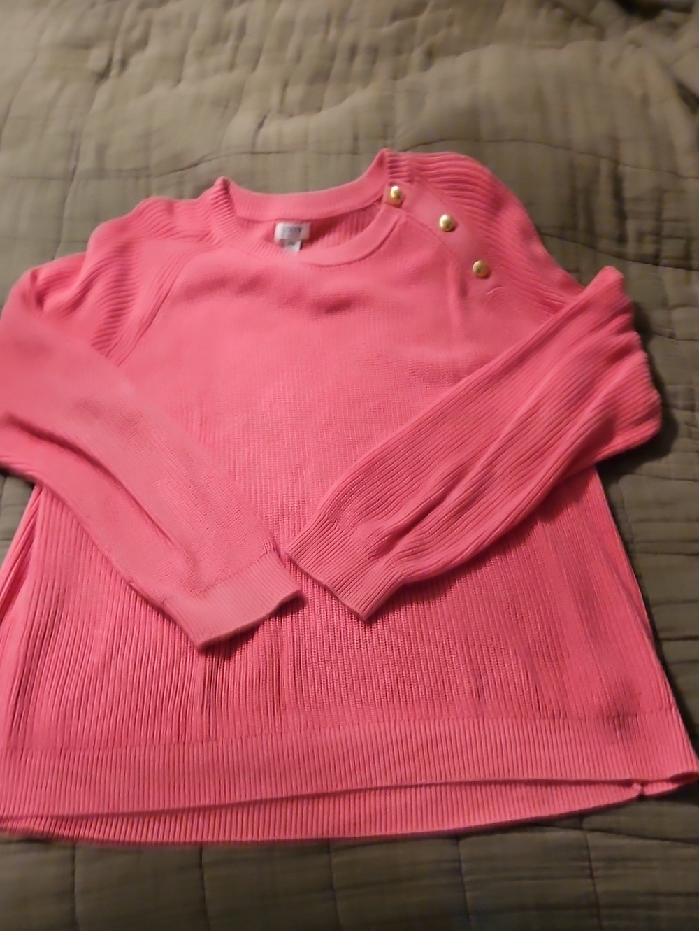 J. Crew Coral Pink Crewneck Sweater with Gold Shoulder Buttons